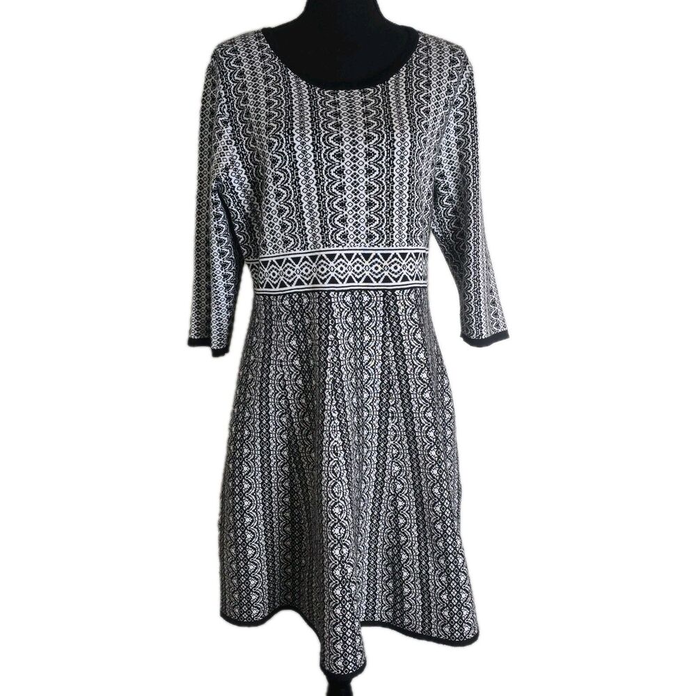 Nina Leonard Sweater Dress XL Black White Geometric 3/4 Sleeve Knee Length